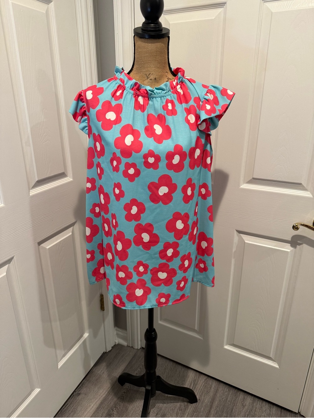First Love Aqua Sleeveless Top with Pink and White Floral Print